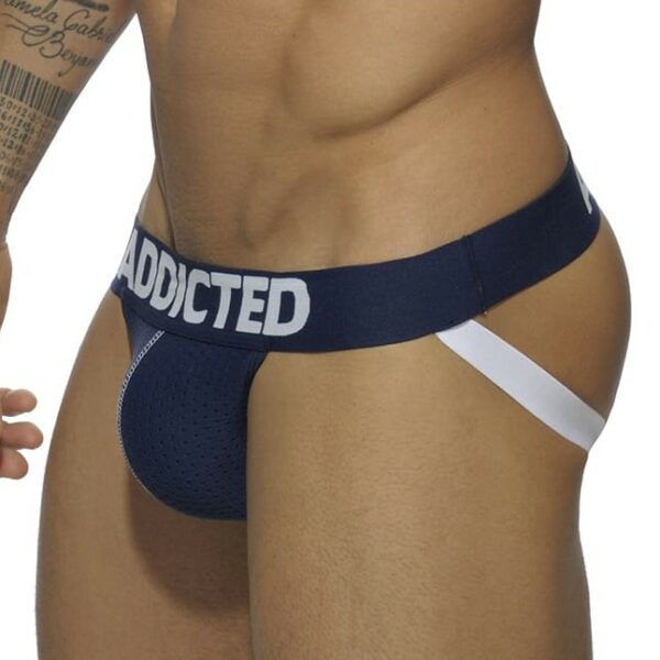 Jockstrap bleu en mesh vu côté gauche