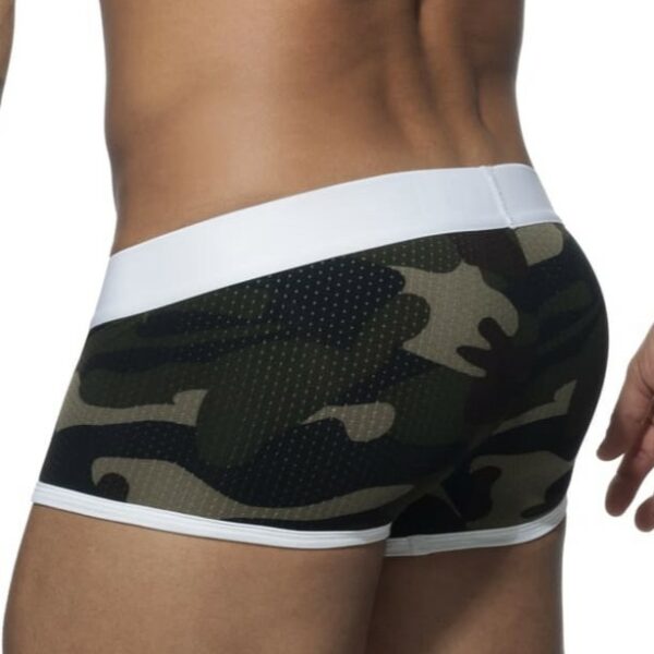 Boxer taille basse en tissu doux de type mesh, respirant, impression camouflage et bandes contrastées blanches