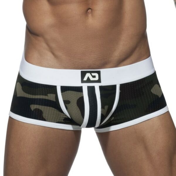 Boxer taille basse en tissu doux de type mesh, respirant, impression camouflage et bandes contrastées blanches