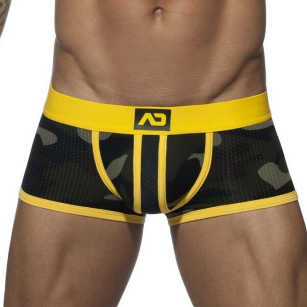 Boxer taille basse sexy et tendance en tissu doux de type mesh, respirant, impression camouflage et bandes contrastées jaunes