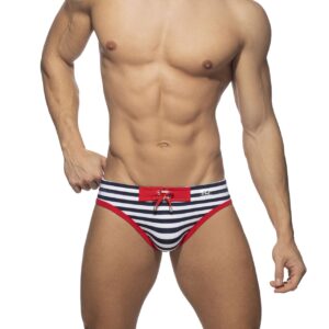 Slip de bain style marinière bleu marine et rouge